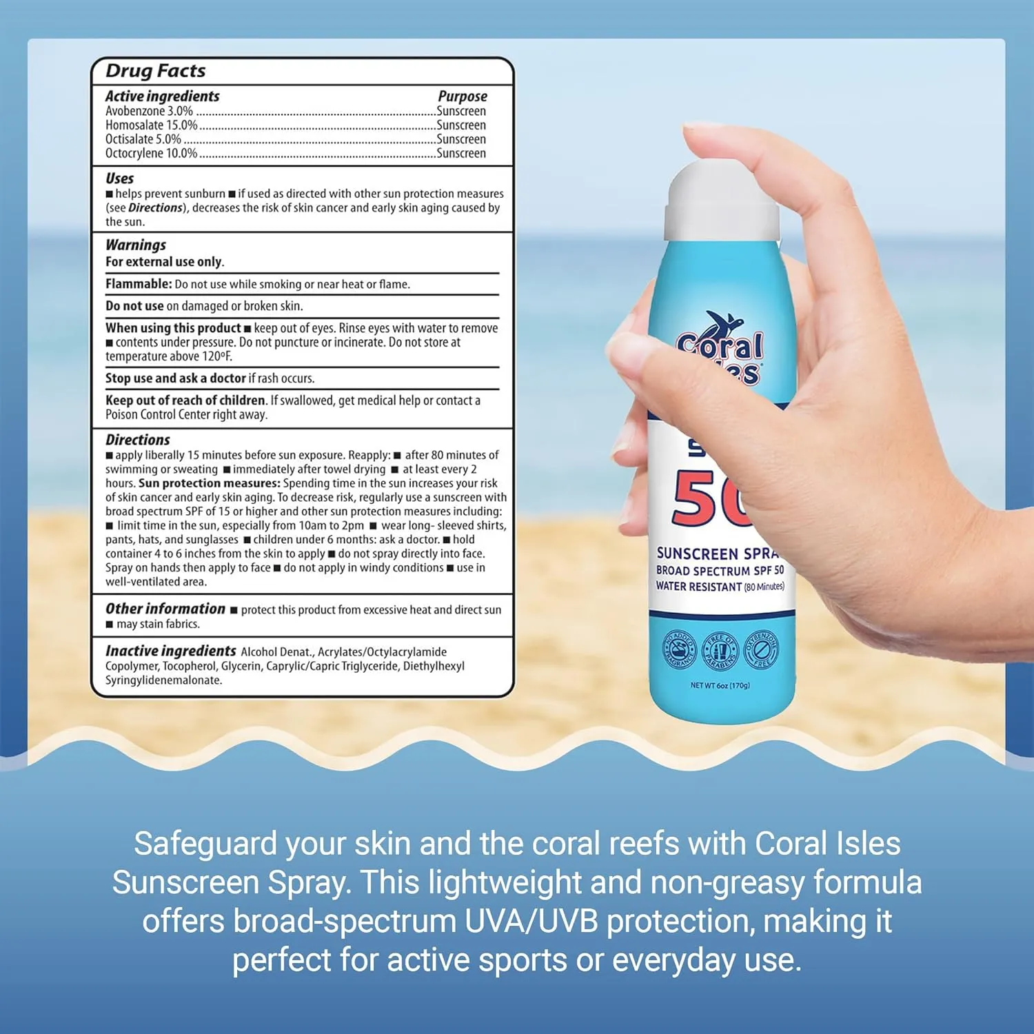 SPF 50 Sunscreen Spray - Hawaii Compliant as Reef Safe - Oxybenzone & Octinoxate Free - Broad Spectrum - Water Resistant, 6 Fl Oz (Pack of 3)