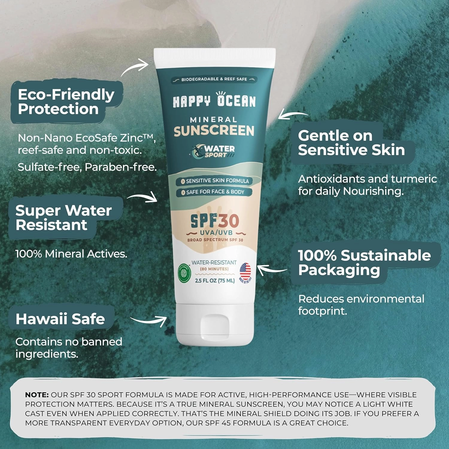 SPF 30 Reef Friendly Sport Mineral Sunscreen for Face & Body, Non-Nano Zinc Oxide, Natural Organic Non Toxic Mineral Based Coral Reef Safe Sunscreen, Travel Size, Biodegradable 2.5 Fl Oz