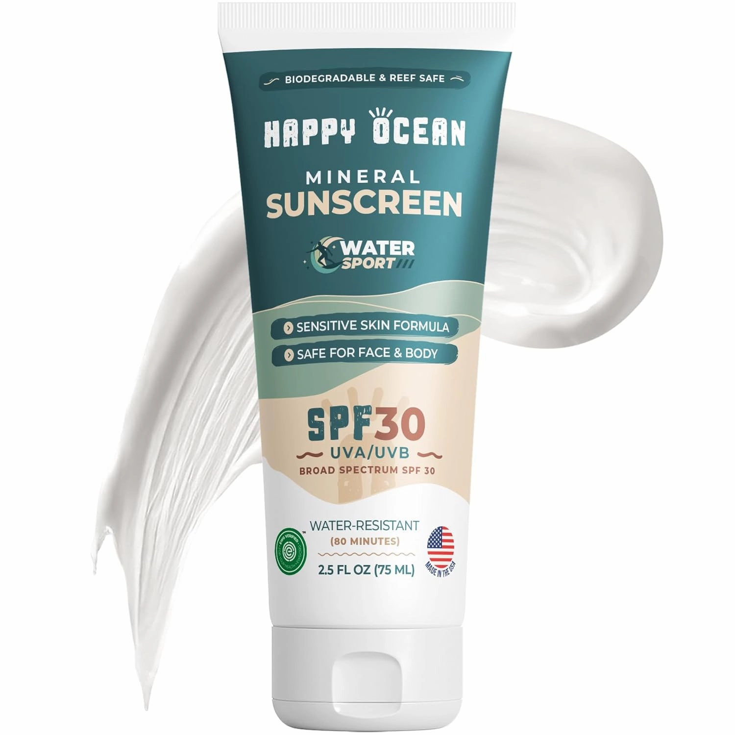 SPF 30 Reef Friendly Sport Mineral Sunscreen for Face & Body, Non-Nano Zinc Oxide, Natural Organic Non Toxic Mineral Based Coral Reef Safe Sunscreen, Travel Size, Biodegradable 2.5 Fl Oz