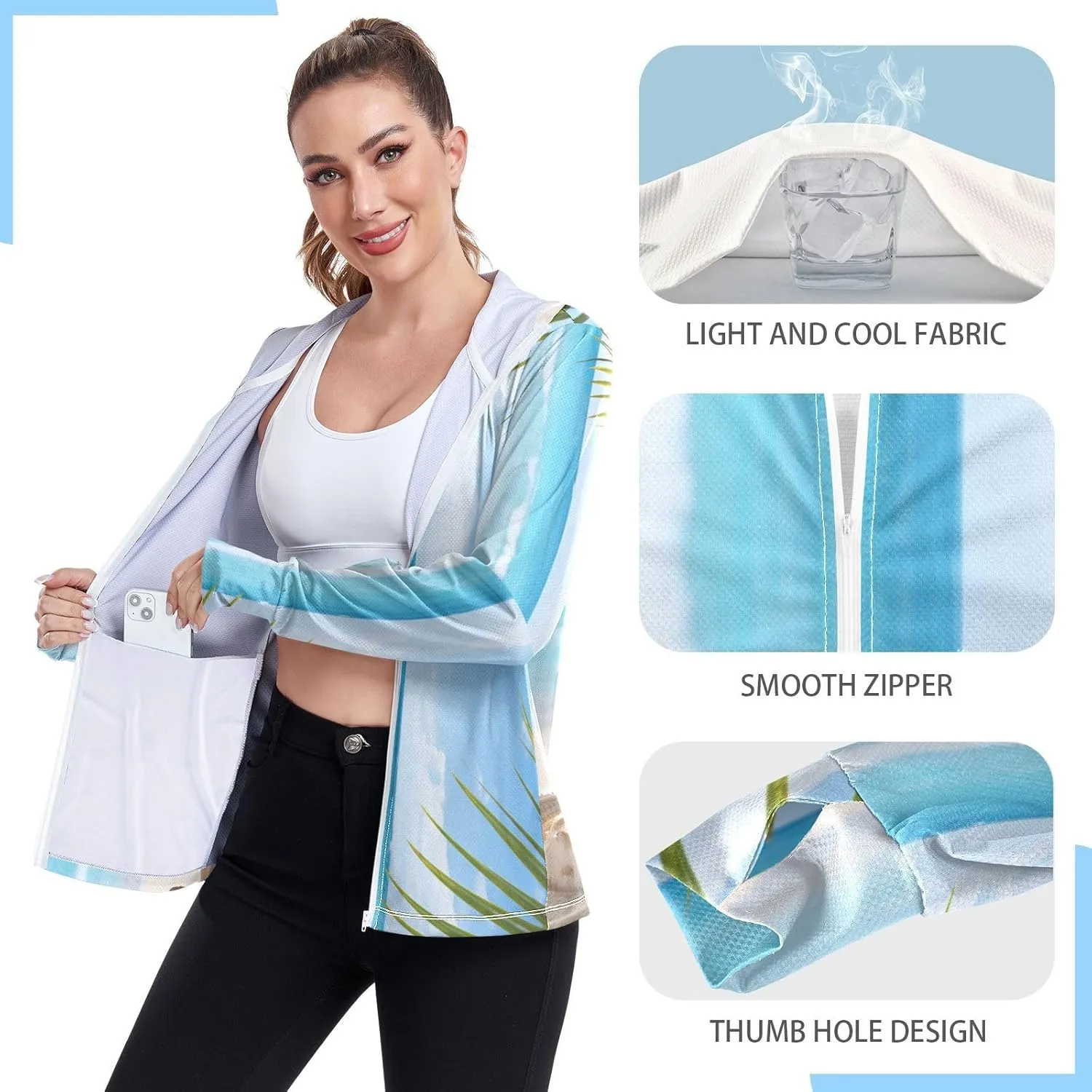 Starfish Palm Tree Sunscreen Clothes Women, Upf 50  Zip up Womens Fishing Shirts Long Sleeve