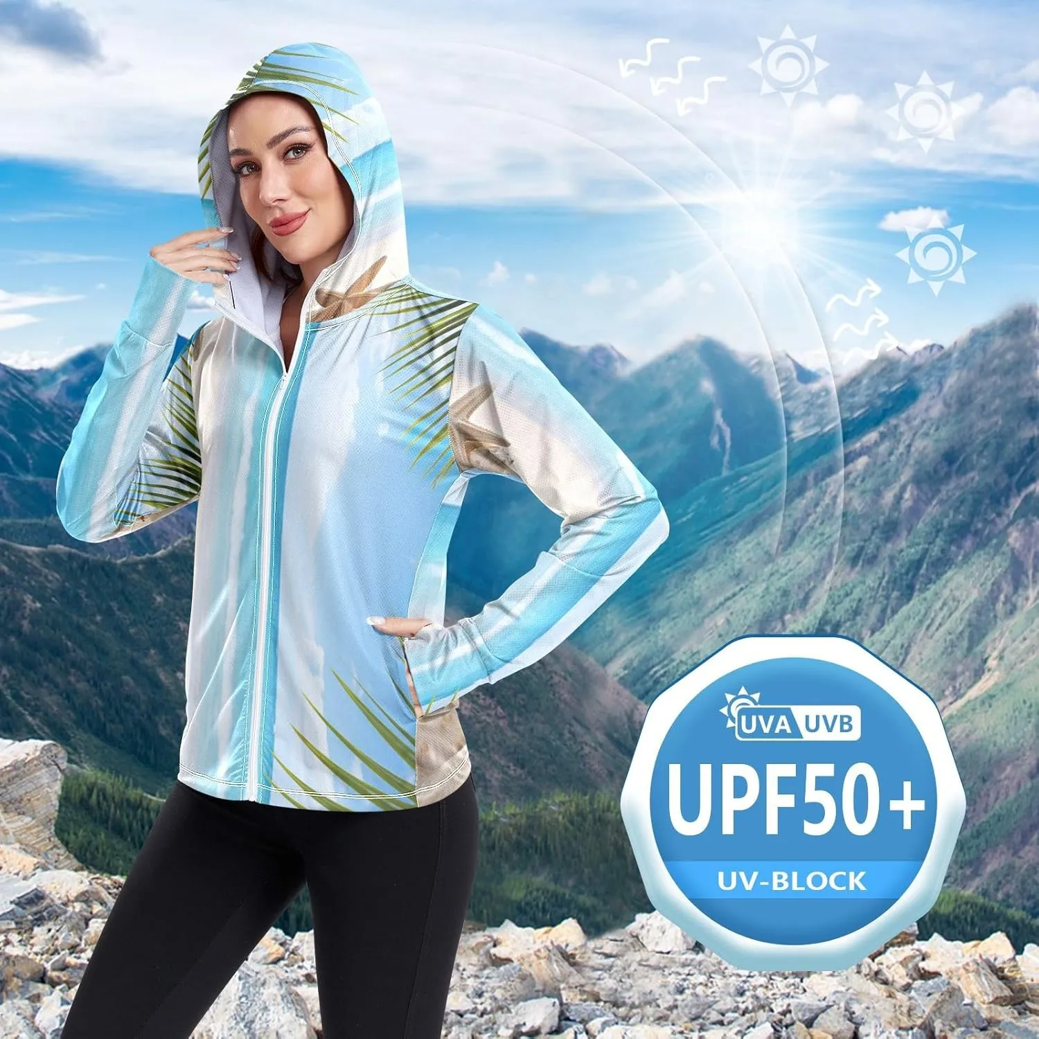 Starfish Palm Tree Sunscreen Clothes Women, Upf 50  Zip up Womens Fishing Shirts Long Sleeve