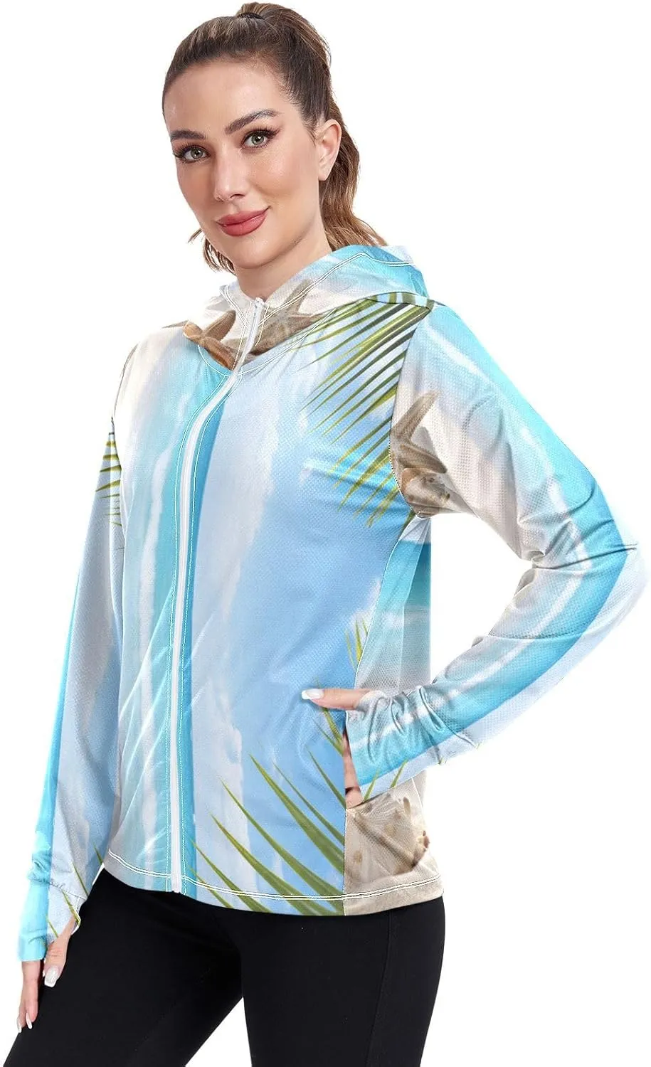 Starfish Palm Tree Sunscreen Clothes Women, Upf 50  Zip up Womens Fishing Shirts Long Sleeve