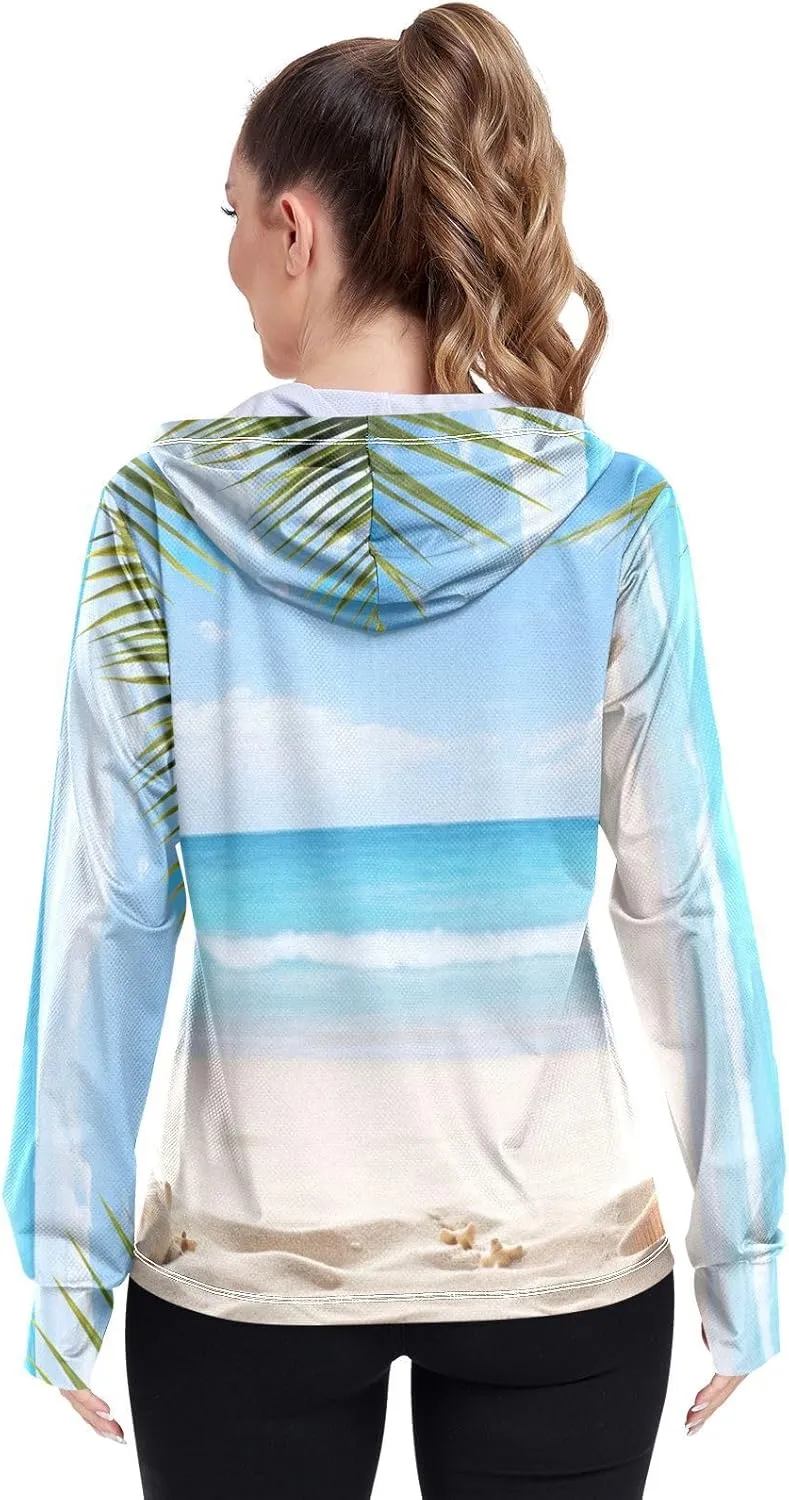 Starfish Palm Tree Sunscreen Clothes Women, Upf 50  Zip up Womens Fishing Shirts Long Sleeve