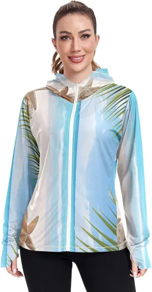 Starfish Palm Tree Sunscreen Clothes Women, Upf 50  Zip up Womens Fishing Shirts Long Sleeve