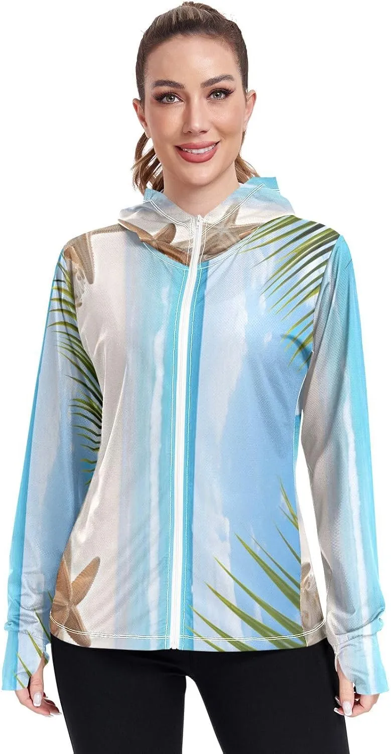 Starfish Palm Tree Sunscreen Clothes Women, Upf 50  Zip up Womens Fishing Shirts Long Sleeve