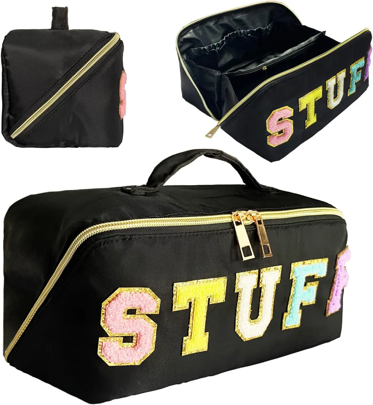 Stoney Clover Dupes Preppy Makeup Bag Black Stoney Clover Stuff Bag for Travel Chenille Letter Bag Large Capacity Travel Cosmetic Bag Nylon Pouch