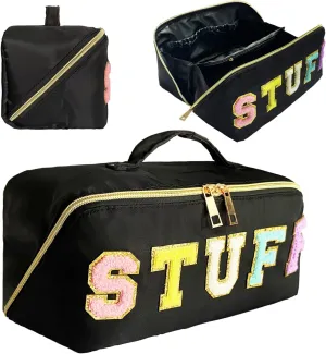 Stoney Clover Dupes Preppy Makeup Bag Black Stoney Clover Stuff Bag for Travel Chenille Letter Bag Large Capacity Travel Cosmetic Bag Nylon Pouch
