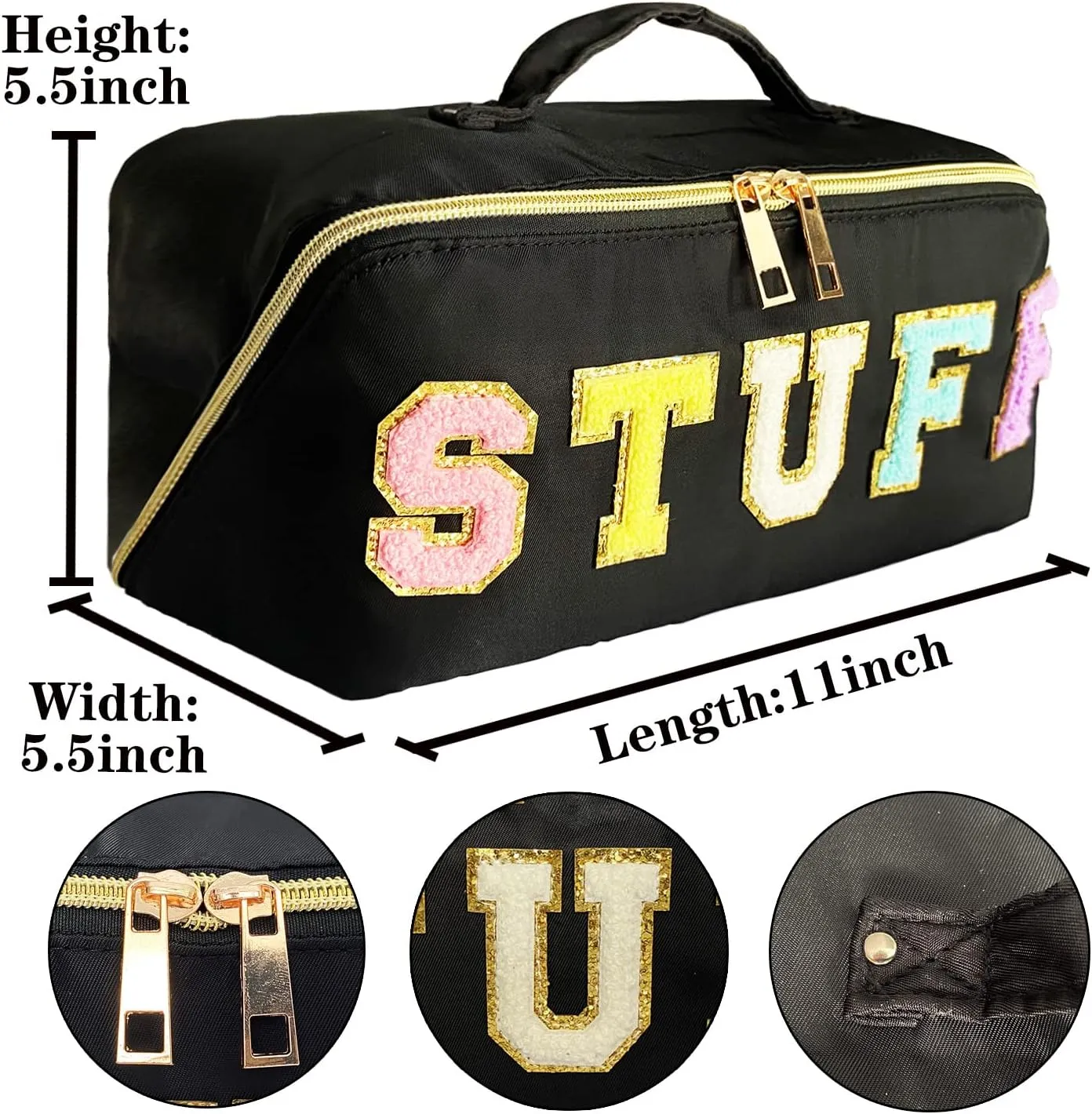 Stoney Clover Dupes Preppy Makeup Bag Black Stoney Clover Stuff Bag for Travel Chenille Letter Bag Large Capacity Travel Cosmetic Bag Nylon Pouch