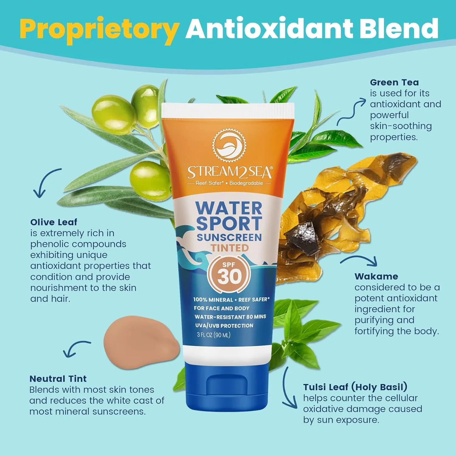 STREAM 2 SEA Tinted Sunscreen with SPF 30 All Natural, Biodegradable and Reef Safe| 3 Fl oz Non Greasy and Moisturizing Mineral Sunscreen For Face and Body Protection Against UVA and UVB