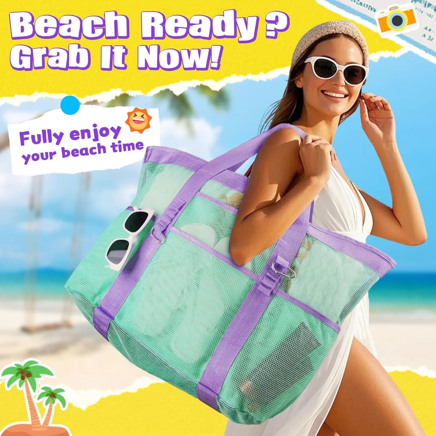 Stylish & Spacious XX-Large Beach Bag for Women – 12 Pockets, Foldable & Lightweight Mesh Tote, Includes 2 Carabiners
