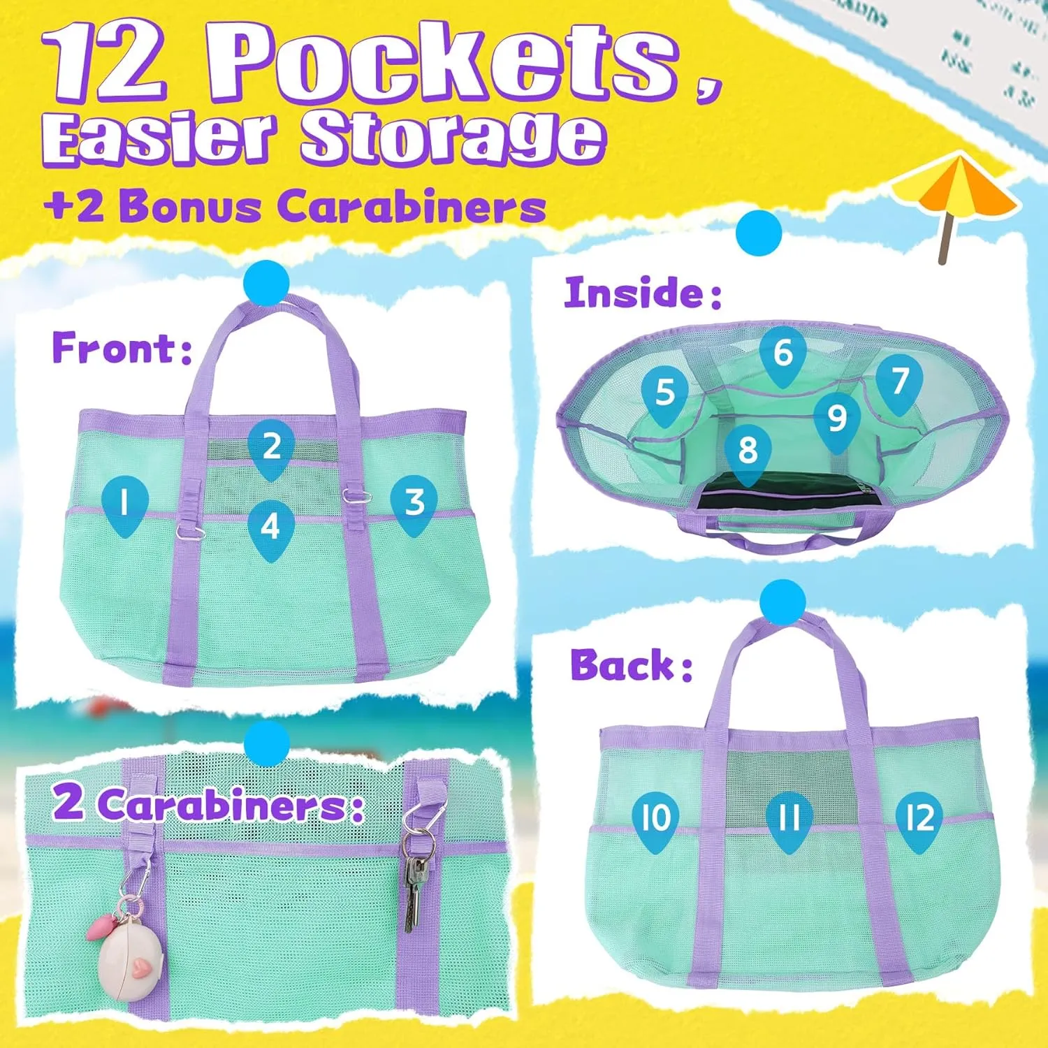 Stylish & Spacious XX-Large Beach Bag for Women – 12 Pockets, Foldable & Lightweight Mesh Tote, Includes 2 Carabiners