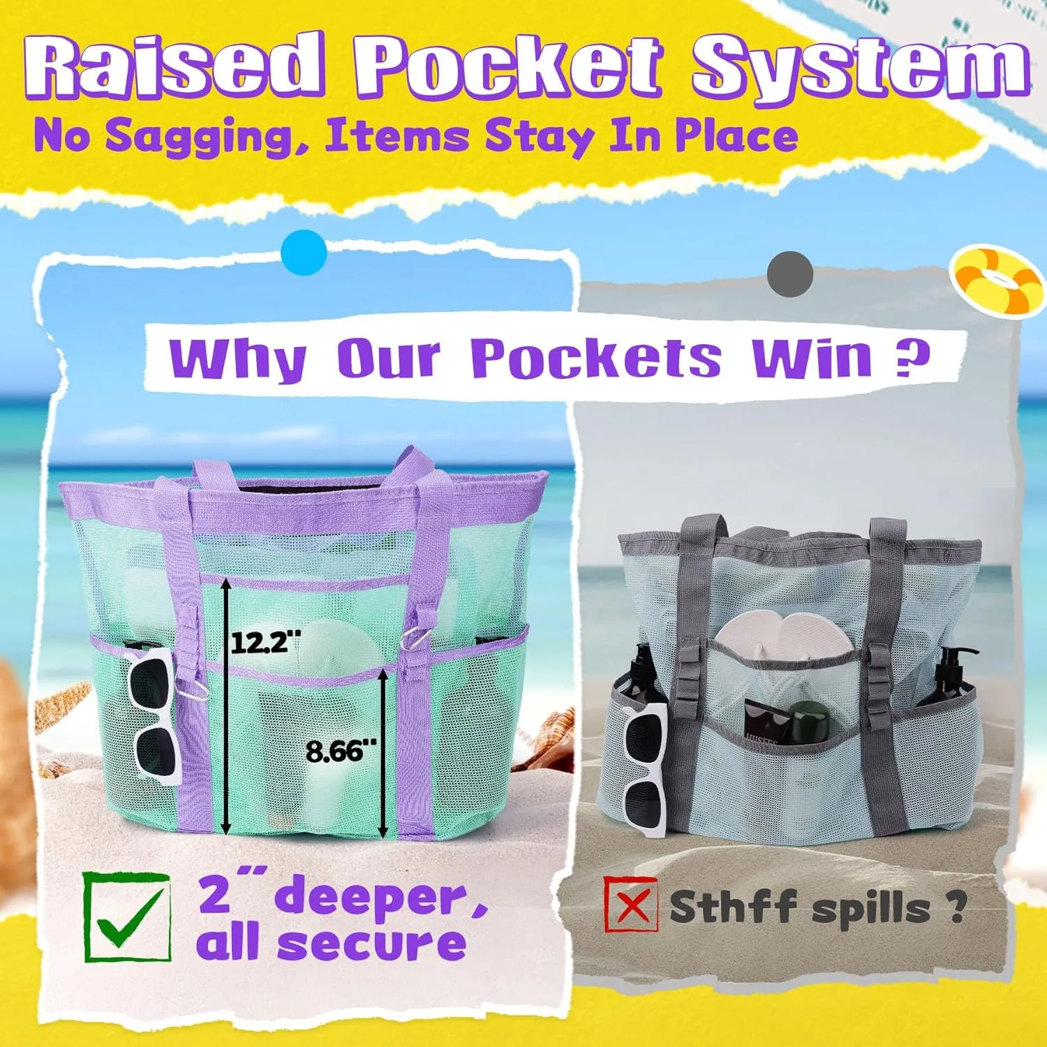 Stylish & Spacious XX-Large Beach Bag for Women – 12 Pockets, Foldable & Lightweight Mesh Tote, Includes 2 Carabiners
