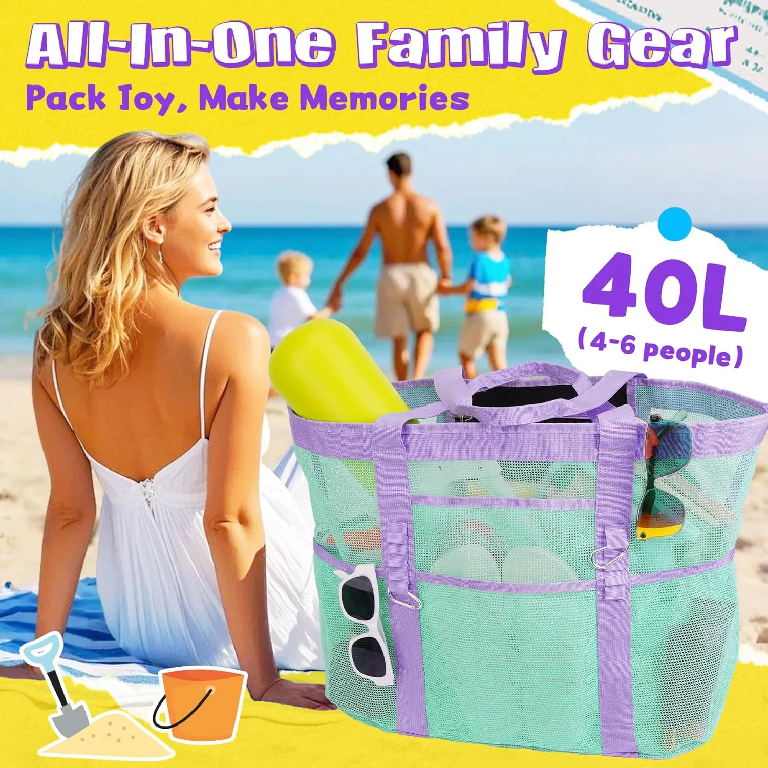 Stylish & Spacious XX-Large Beach Bag for Women – 12 Pockets, Foldable & Lightweight Mesh Tote, Includes 2 Carabiners