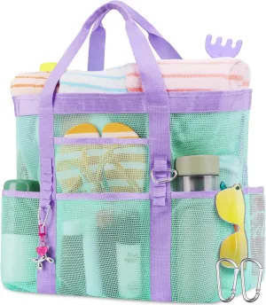 Stylish & Spacious XX-Large Beach Bag for Women – 12 Pockets, Foldable & Lightweight Mesh Tote, Includes 2 Carabiners