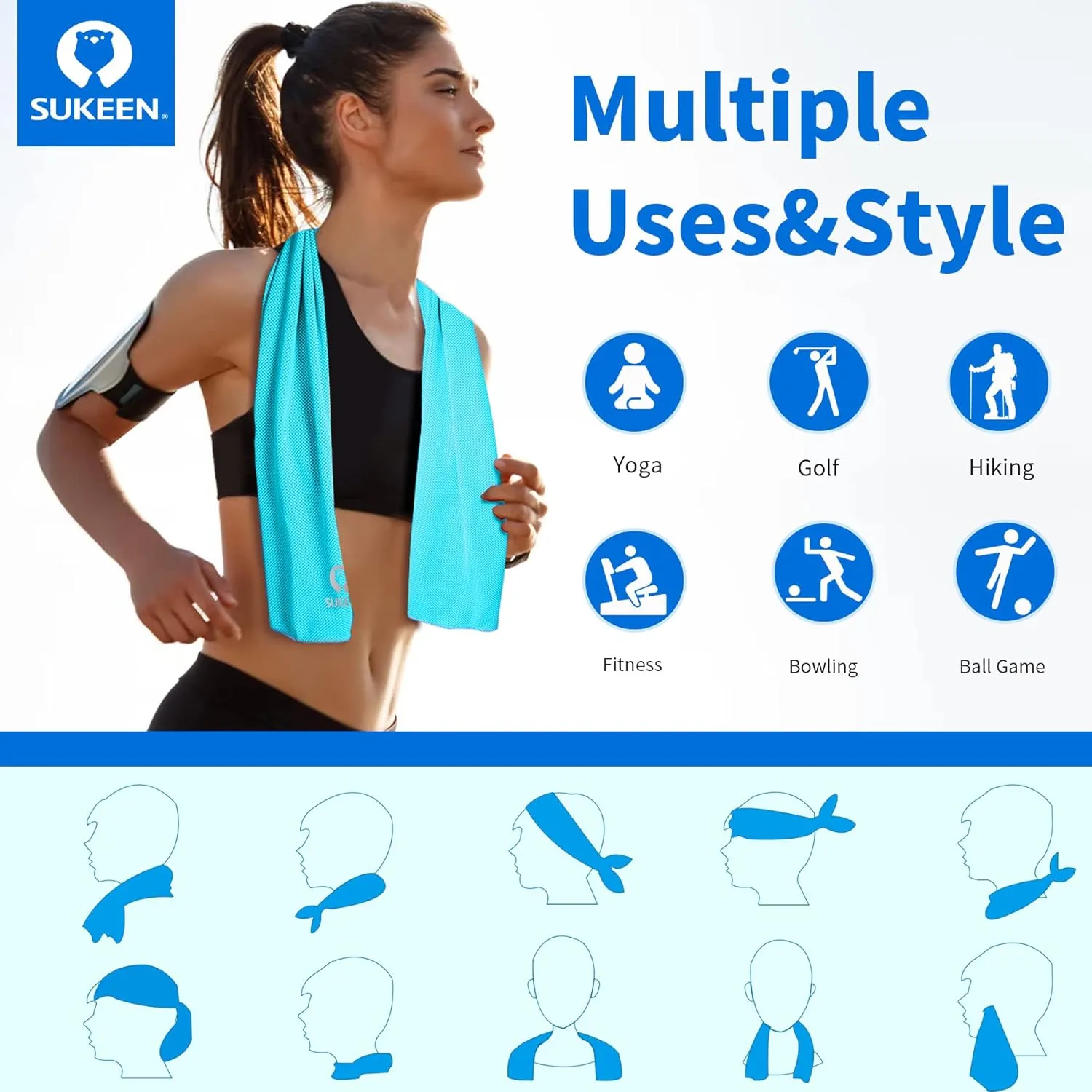 Sukeen Cooling Towel (40"x12") for Neck & Head - Soft Breathable Chilly Sweat Towel for Yoga, Golf, Gym, Camping, Running, Workout & More Activities
