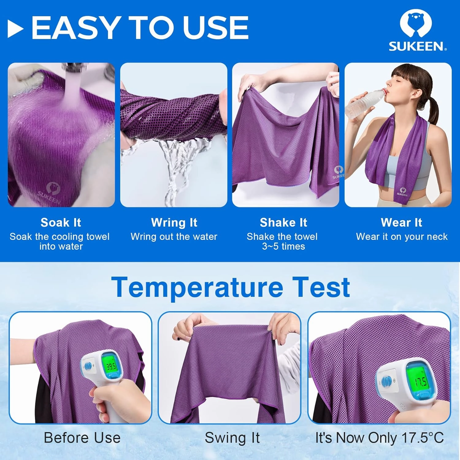 Sukeen 4 Pack Cooling Towels (40"x12") Cool Towel, Cold Towel, Microfiber Soft Breathable Chilly Ice Towel for Yoga,Sport,Running,Gym,Workout,Camping,Fitness,Workout & More Activities