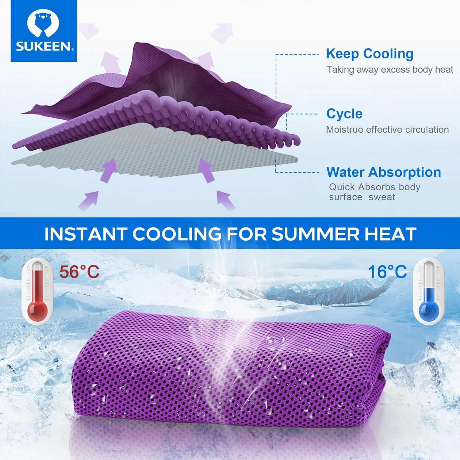 Sukeen 4 Pack Cooling Towels (40"x12") Cool Towel, Cold Towel, Microfiber Soft Breathable Chilly Ice Towel for Yoga,Sport,Running,Gym,Workout,Camping,Fitness,Workout & More Activities
