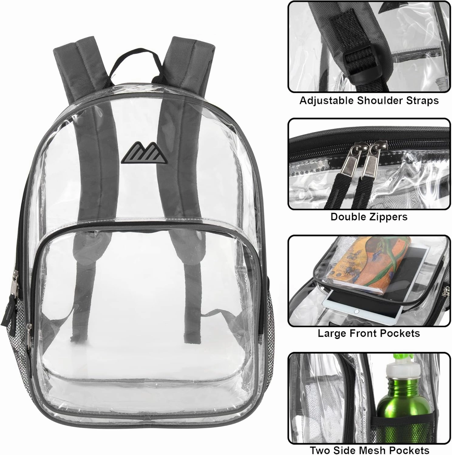 Summit Ridge Waterproof Clear Backpack with Water Bottle Holder Stadium Approved Heavy Duty Clear See Through Backpack (Grey)