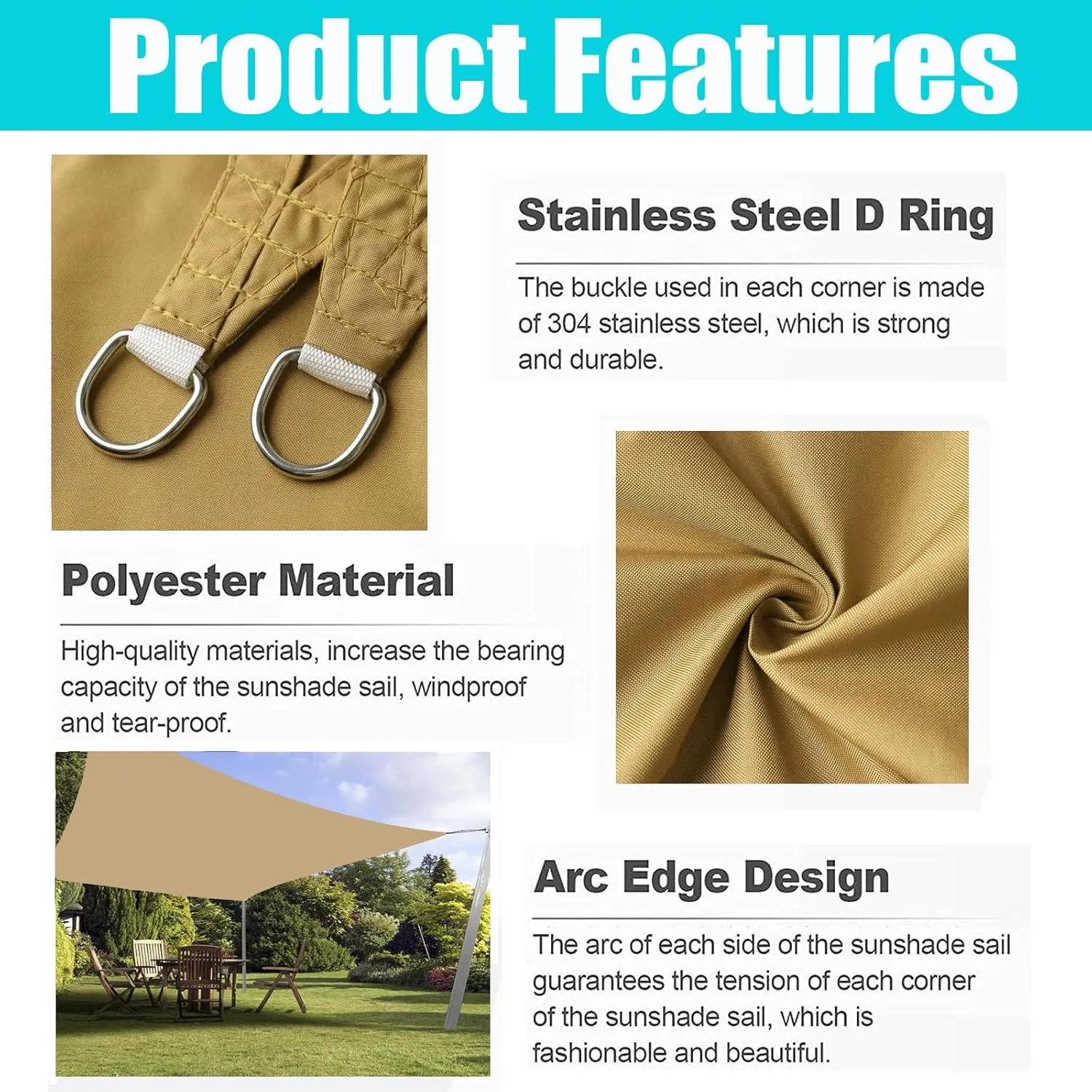Sun Shade Sail Waterproof Sunscreen 98% UV Block Garden Beach Patio Awning Canopy (5'x5', Khaki)