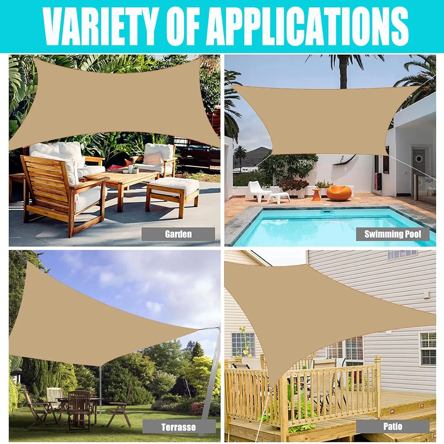 Sun Shade Sail Waterproof Sunscreen 98% UV Block Garden Beach Patio Awning Canopy (5'x5', Khaki)