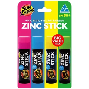 Sun Zapper Zinc Oxide Sunscreen Stick – SPF 50  Tinted 4-Pack (Pink, Blue, Green, Yellow) – Sunscreen Stick, Zinc Sunscreen, Water Resistant, Broad Spectrum UVA/UVB, Made in Australia