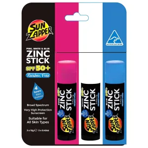 Sun Zapper Zinc Oxide Sunscreen Stick – SPF 50  Waterproof – 3-Pack (Pink, White, Blue) – For Face & Body – Adults, Kids, Baby – Travel Size – Made in Australia