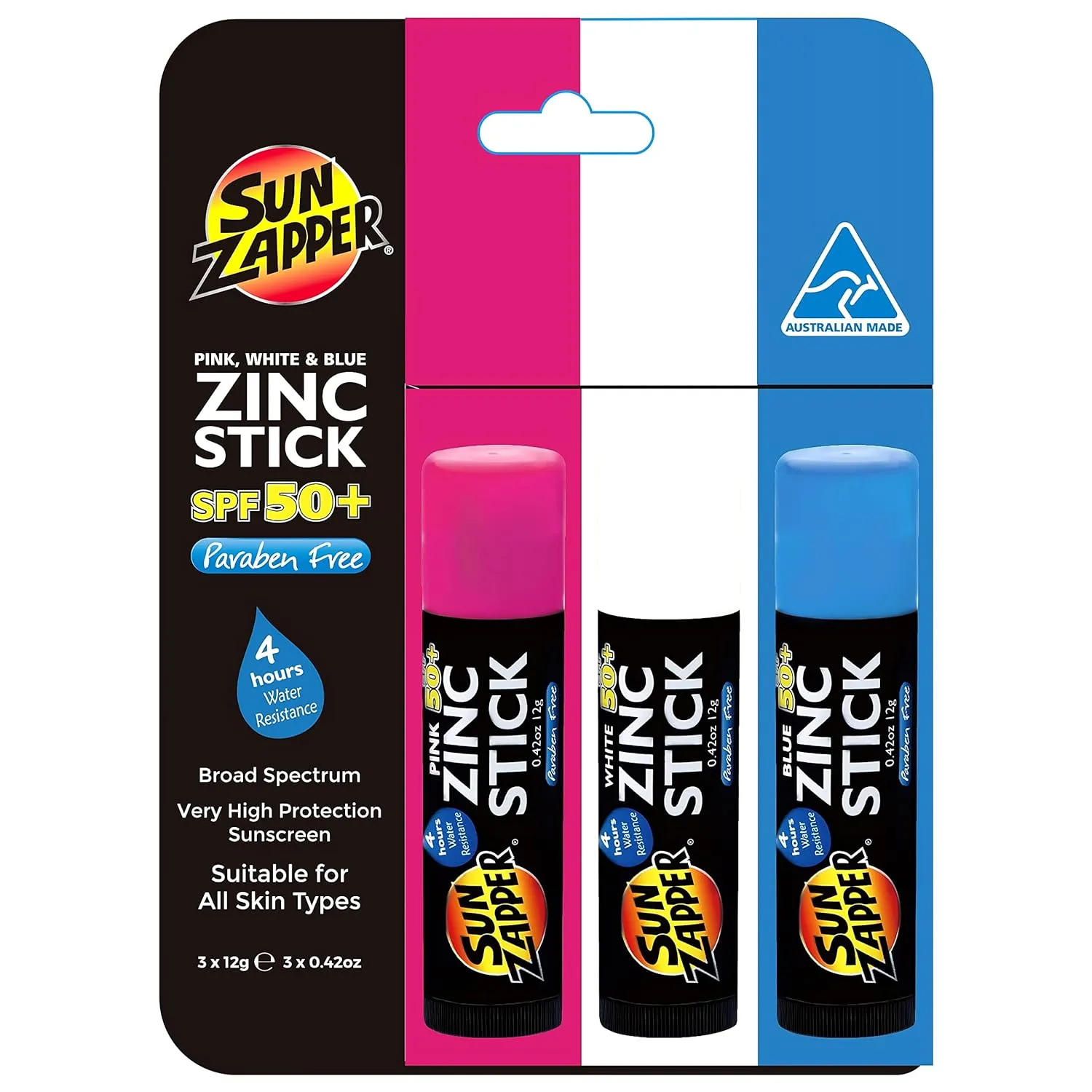 Sun Zapper Zinc Oxide Sunscreen Stick – SPF 50  Waterproof – 3-Pack (Pink, White, Blue) – For Face & Body – Adults, Kids, Baby – Travel Size – Made in Australia