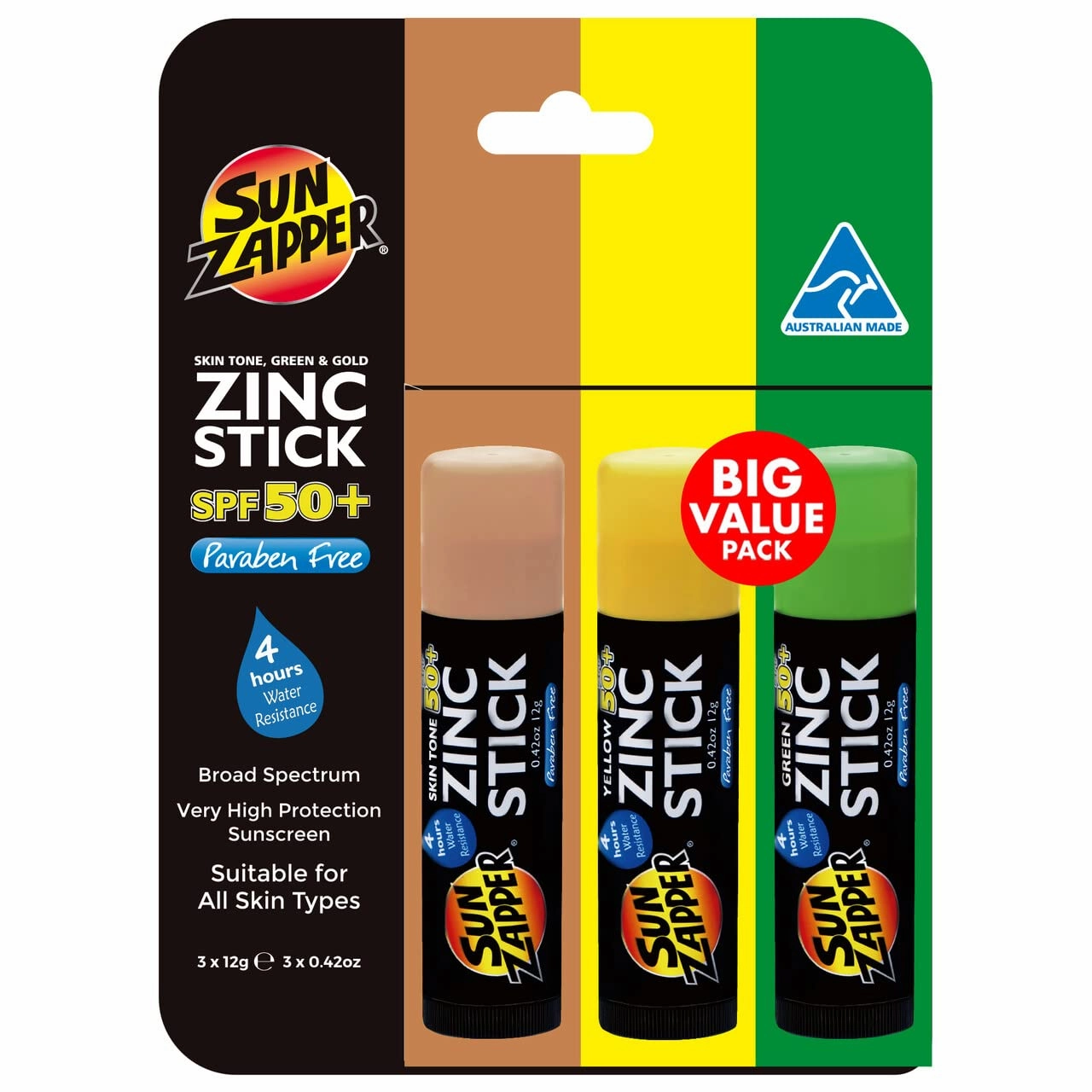 Sun Zapper Zinc Oxide Sunscreen Stick – SPF 50  – Skin Tone, Green & Yellow – 3-Pack – Water-Resistant Sun Protection for Face & Body – 12g Each – Made in Australia