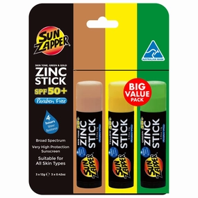 Sun Zapper Zinc Oxide Sunscreen Stick – SPF 50  – Skin Tone, Green & Yellow – 3-Pack – Water-Resistant Sun Protection for Face & Body – 12g Each – Made in Australia
