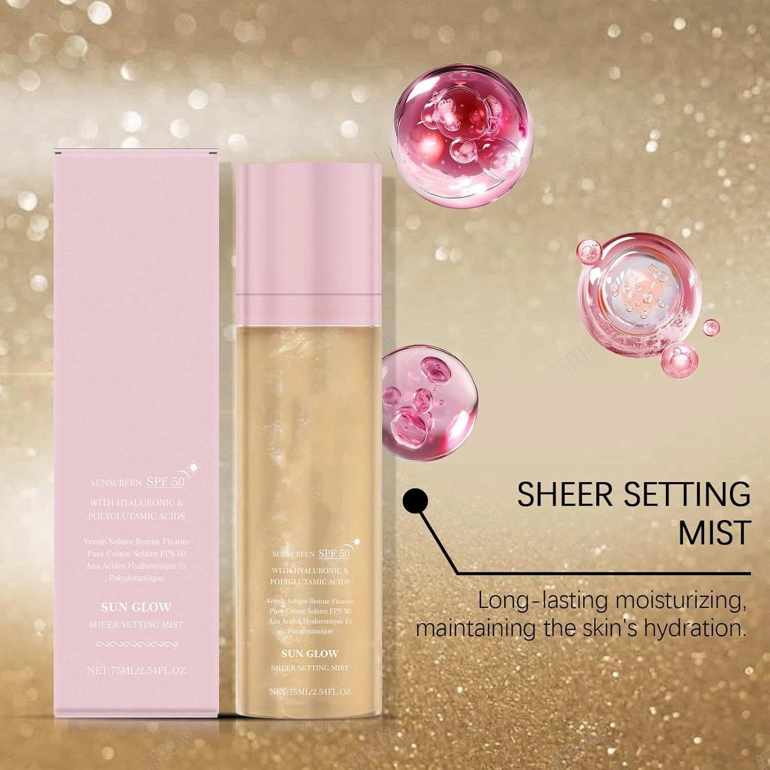 Sunglaze Sheer Setting Mist Sunscreen Spf 50, Broad Spectrum Shimmering Body Oil Mist, Set Makeup Moisturizing and Protective, Spray, Light, Transparent, Oil Controlling, Durable (3)