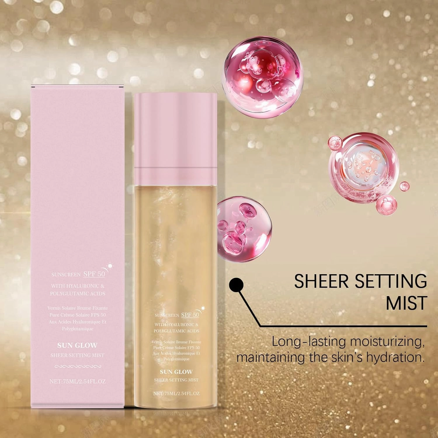 Sunglaze Sheer Setting Sunscreen SPF 50, Broad Spectrum Water-Resistant Face and Body Spray, Makeup-Friendly Shimmering Hydrating Body Oil Mist, Fast Absorption Non Greasy Formula (2)