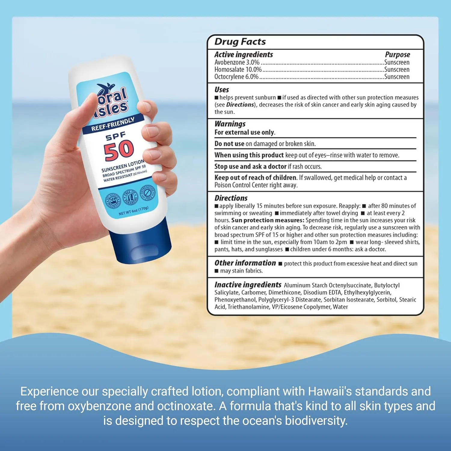 Sunscreen SPF 50 | Hawaii Compliant as Reef Safe | Octinoxate & Oxybenzone Free | Broad Spectrum UVA/UVB Protection | Water Resistant 80 Min. | Fragrance Free | 6 Fl Oz Lotion