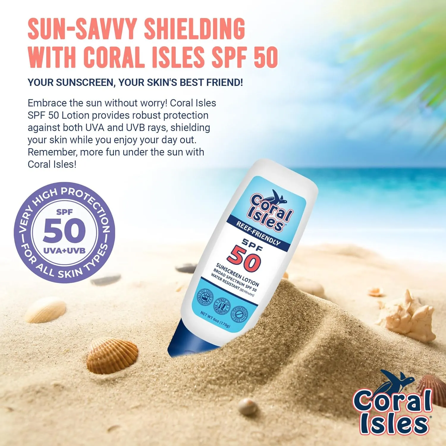 Sunscreen SPF 50 | Hawaii Compliant as Reef Safe | Octinoxate & Oxybenzone Free | Broad Spectrum UVA/UVB Protection | Water Resistant 80 Min. | Fragrance Free | 6 Fl Oz Lotion
