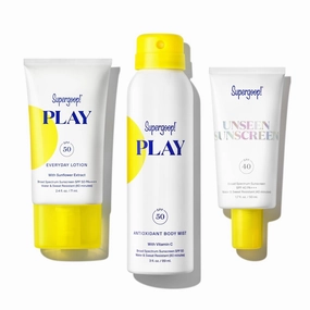 Supergoop! Travel Kit - Includes PLAY Everyday Lotion (2.4 oz)   Unseen Sunscreen (1.7 oz)   PLAY Antioxidant Body Mist (3 oz) - Broad Spectrum Sunscreen for Sensitive Skin - Clean Ingredients