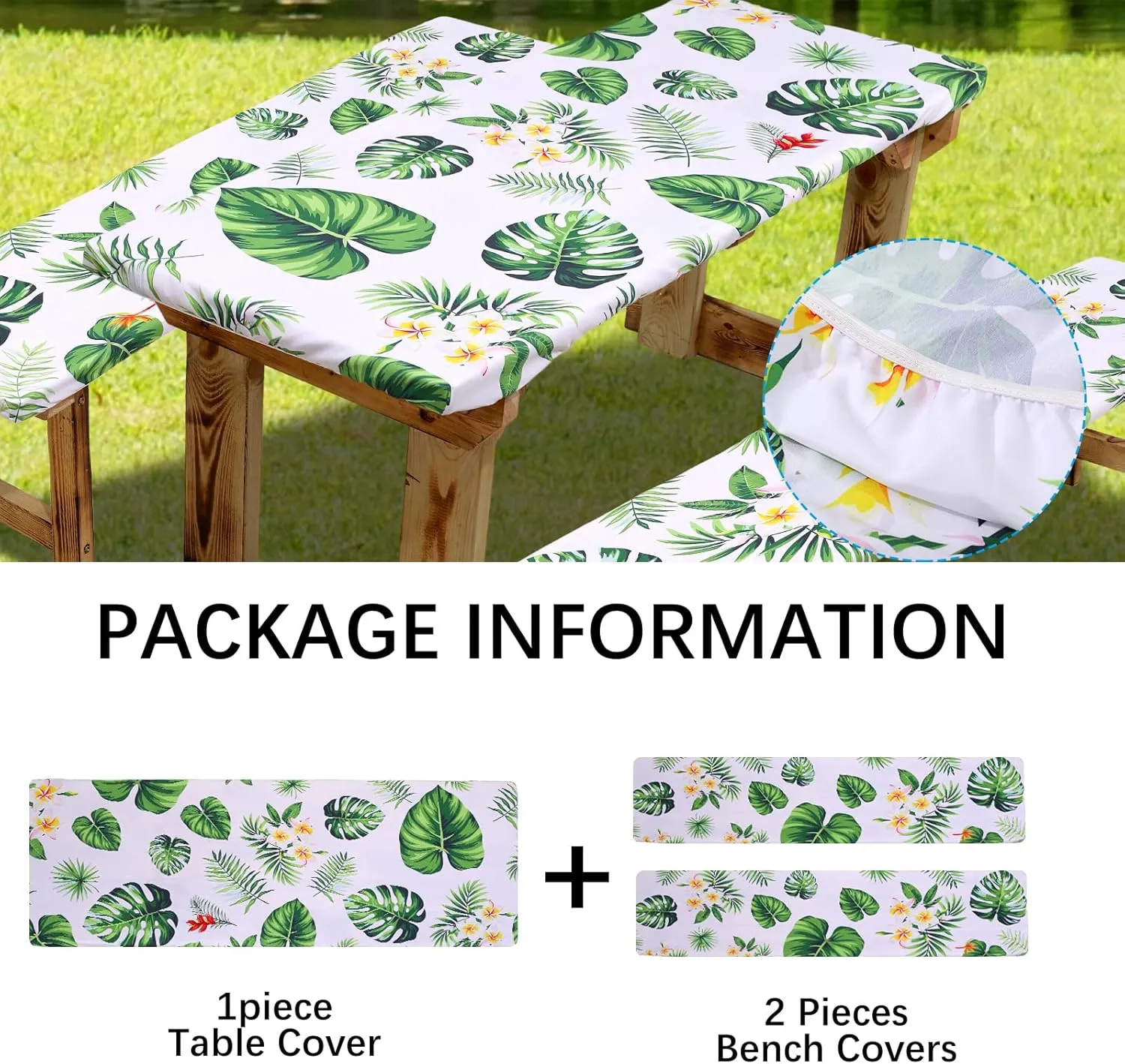 SUQ I OME Picnic Table Cover with Bench Covers Camping Essentials Waterproof Windproof Elastic Fitted Tablecloth with Handbag, Fitted Rectangle Tables and Seats, (Green White)