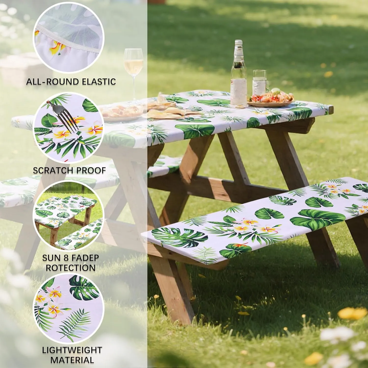 SUQ I OME Picnic Table Cover with Bench Covers Camping Essentials Waterproof Windproof Elastic Fitted Tablecloth with Handbag, Fitted Rectangle Tables and Seats, (Green White)