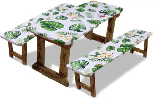 SUQ I OME Picnic Table Cover with Bench Covers Camping Essentials Waterproof Windproof Elastic Fitted Tablecloth with Handbag, Fitted Rectangle Tables and Seats, (Green White)