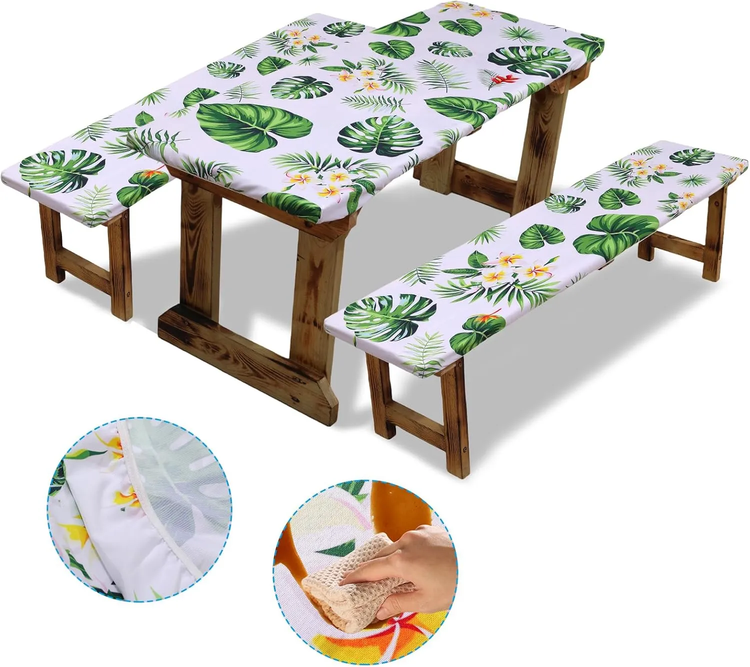 SUQ I OME Picnic Table Cover with Bench Covers Camping Essentials Waterproof Windproof Elastic Fitted Tablecloth with Handbag, Fitted Rectangle Tables and Seats, (Green White)