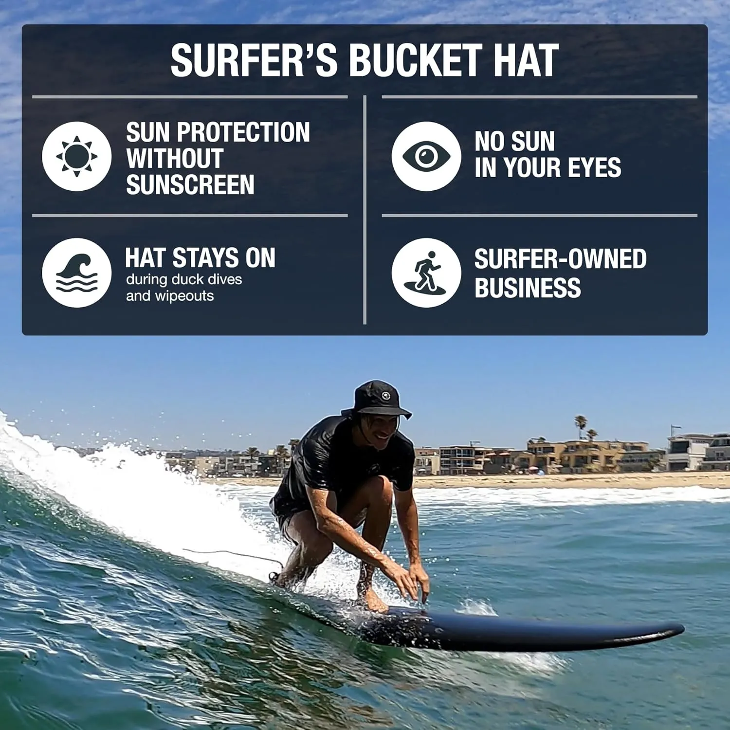 Surf Bucket Hat with Chin Straps for Surfing, SUP, and Watersports