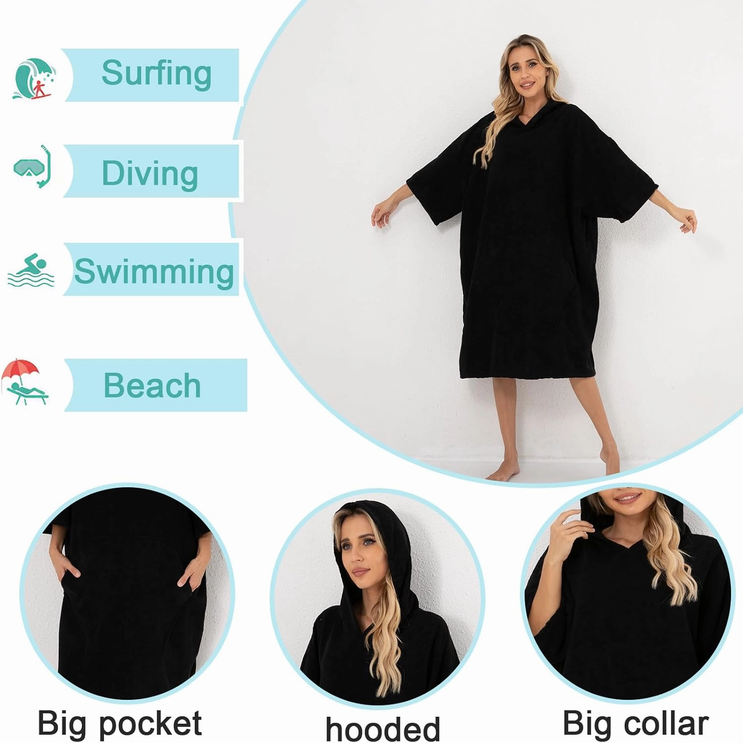 Surf Poncho Hooded Beach Towel for Adults Quick Dry Terry Cloth Changing Robe with Pockets Swim Unisex Towel Poncho Hoodie