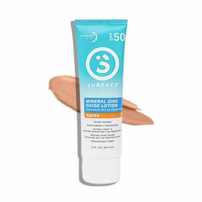 Surface SPF50 mineral sunscreen lotion, reef friendly with non-nano zinc oxide, broad spectrum UVA/UVB protection, water resistant for 80 minutes, cruelty free, non-greasy, tinted, travel size, 3oz