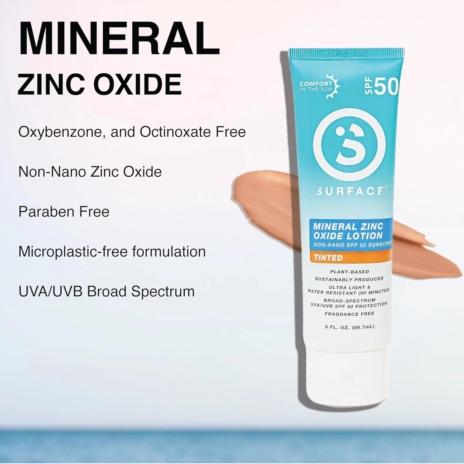 Surface SPF50 mineral sunscreen lotion, reef friendly with non-nano zinc oxide, broad spectrum UVA/UVB protection, water resistant for 80 minutes, cruelty free, non-greasy, tinted, travel size, 3oz