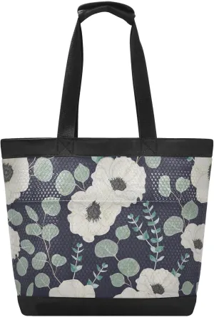 susiyo White Anemone Flower Mesh Beach Bag, Waterproof Lightweight Extra Large Travel Tote Bag for Women Vacation Essentials Swim Pool Bag-Black