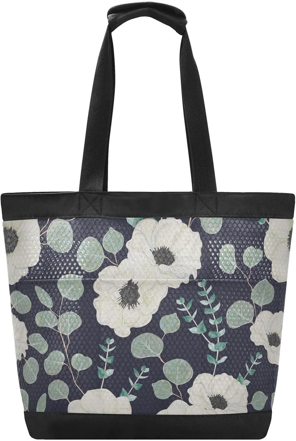 susiyo White Anemone Flower Mesh Beach Bag, Waterproof Lightweight Extra Large Travel Tote Bag for Women Vacation Essentials Swim Pool Bag-Black