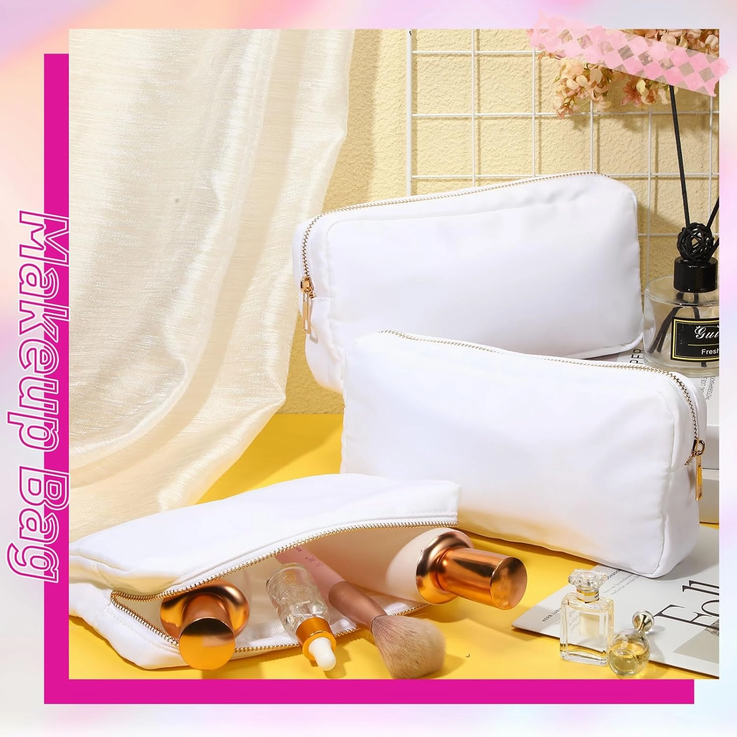 Sweetude 6 Pcs Nylon Makeup Bag Travel Nylon Pouch Zipper Cosmetic Bag for Purse Women Girls Organizer Makeup Pouch for Birthday Wedding Mother's Day Graduation Gifts(M,White)