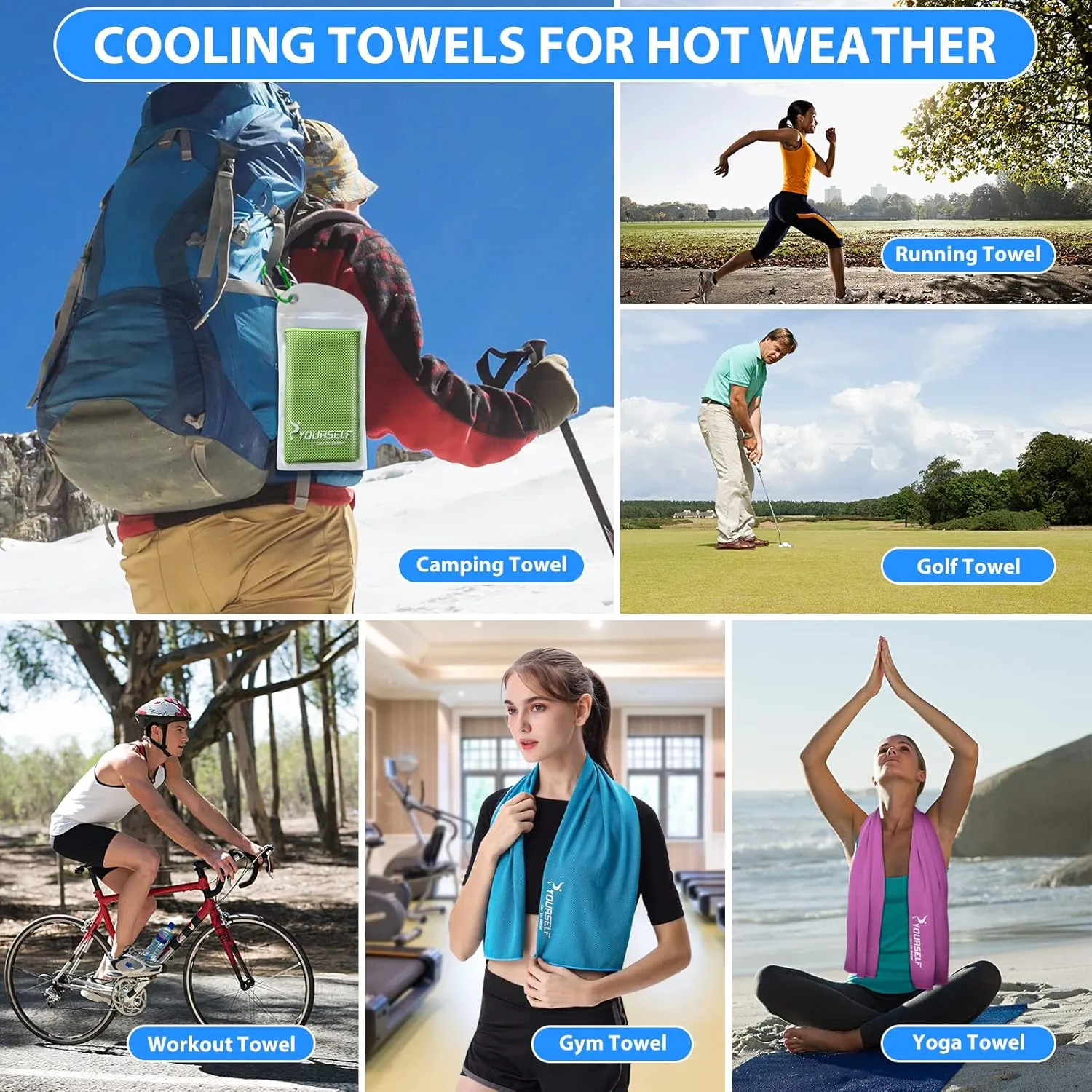 SYOURSELF Cooling Towels for Neck and Face, 4 Pack 40" x 12" Cooling Towel for Hot Weather, Soft Breathable Instant Cool Chilly Pad for Sports Golf Yoga Gym Athletes Camping Ice Towels