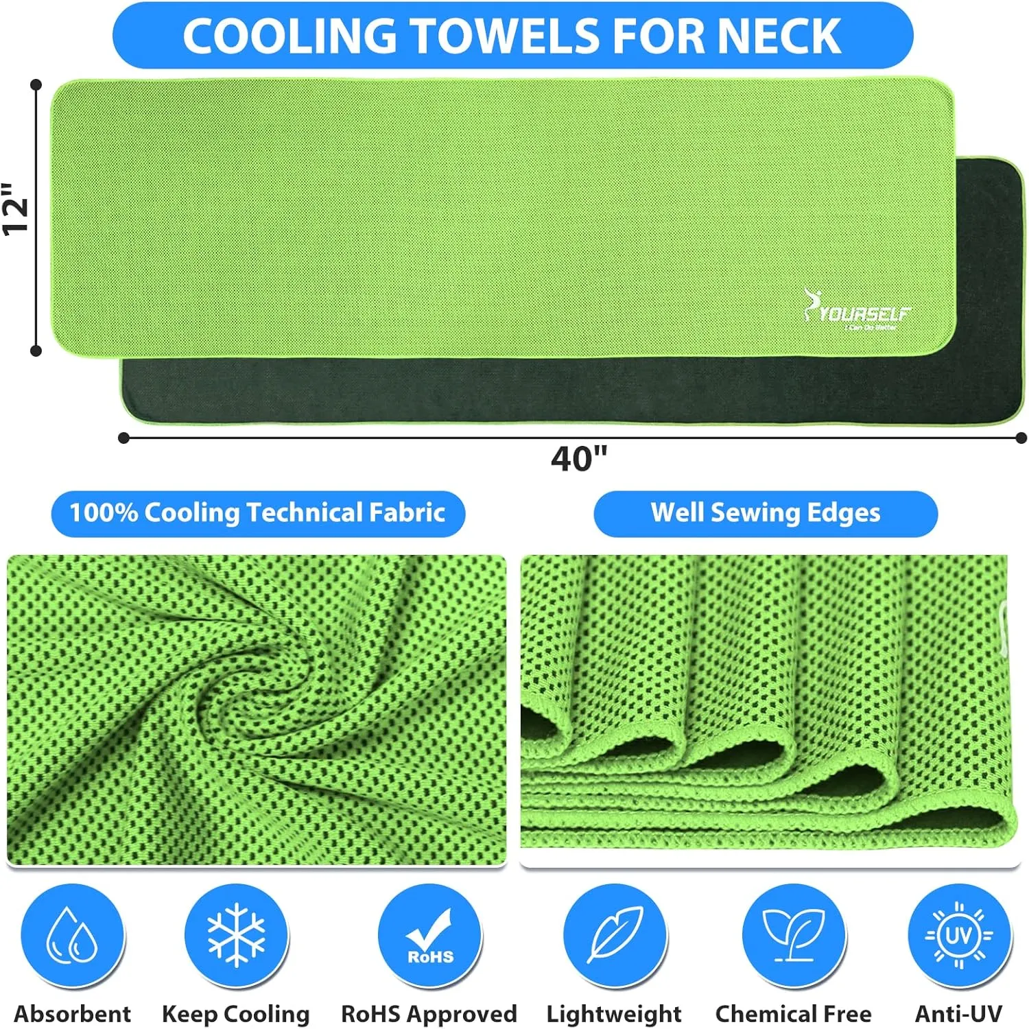 SYOURSELF Cooling Towels for Neck and Face, 4 Pack 40" x 12" Cooling Towel for Hot Weather, Soft Breathable Instant Cool Chilly Pad for Sports Golf Yoga Gym Athletes Camping Ice Towels
