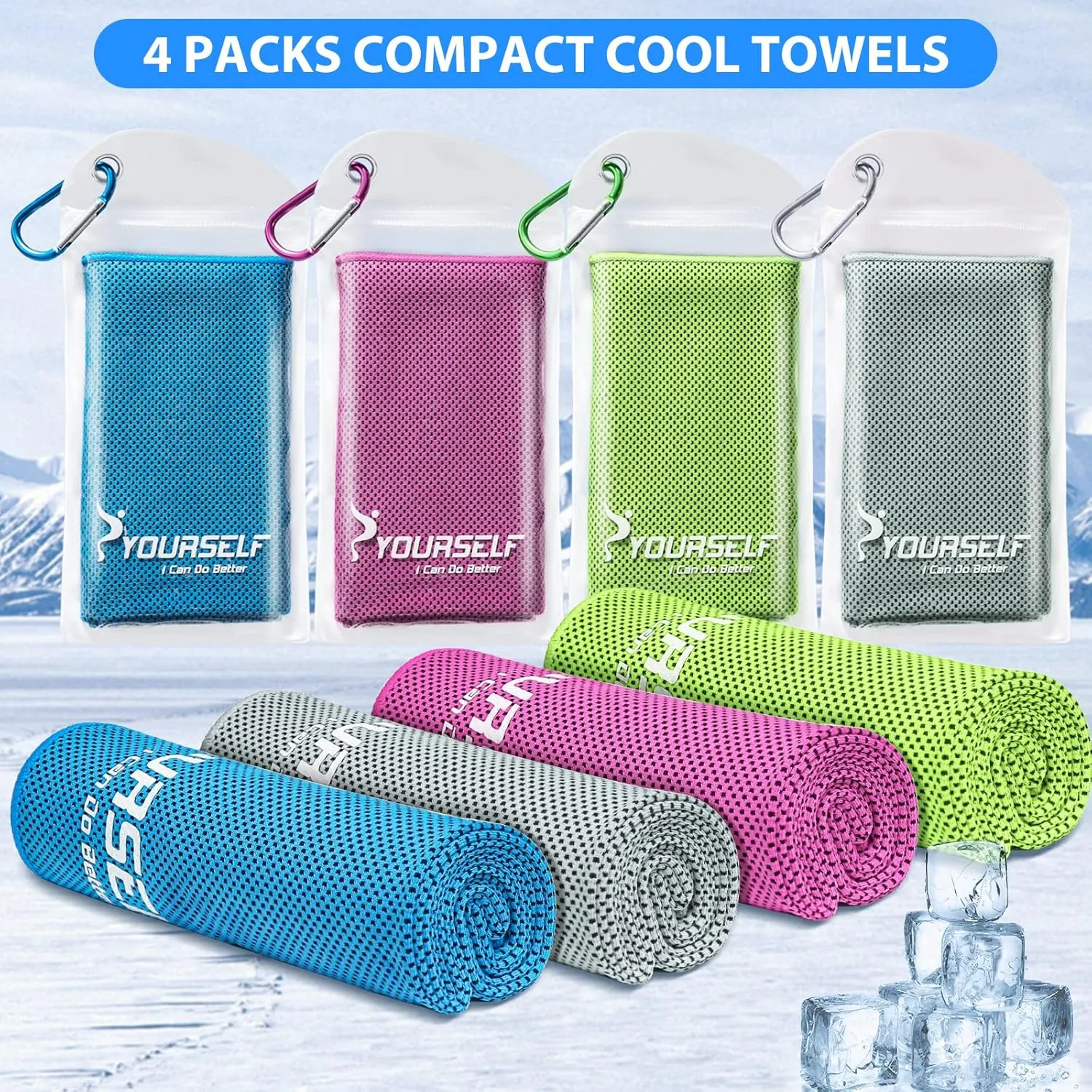 SYOURSELF Cooling Towels for Neck and Face, 4 Pack 40" x 12" Cooling Towel for Hot Weather, Soft Breathable Instant Cool Chilly Pad for Sports Golf Yoga Gym Athletes Camping Ice Towels