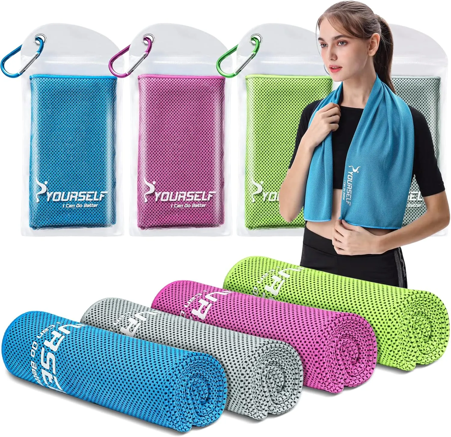 SYOURSELF Cooling Towels for Neck and Face, 4 Pack 40" x 12" Cooling Towel for Hot Weather, Soft Breathable Instant Cool Chilly Pad for Sports Golf Yoga Gym Athletes Camping Ice Towels