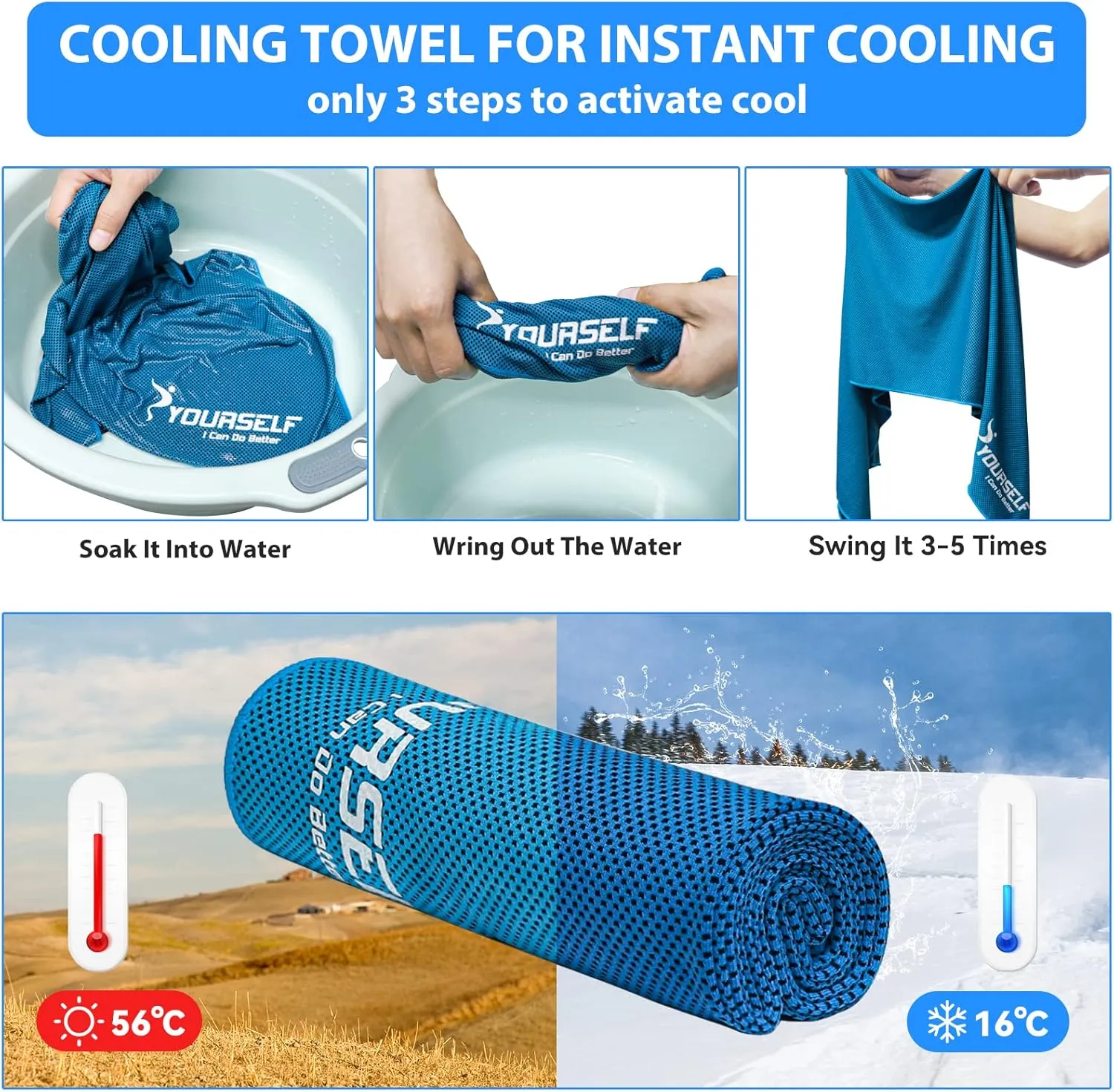 SYOURSELF Cooling Towels for Neck and Face, 6 Pack 40" x 12" Cooling Towel for Hot Weather, Soft Breathable Instant Cool Chilly Pad for Sports Golf Yoga Gym Athletes Camping Ice Towels(Mix-6pcs)